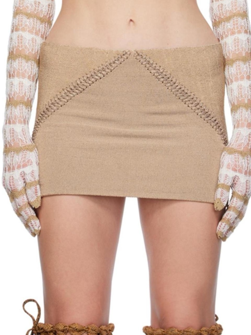Isa Boulder Tan Knit Mini Skirt with V-Stitch Detail